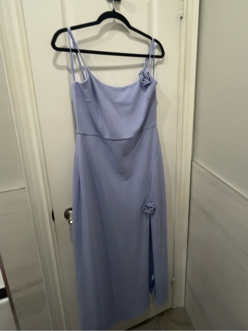 Periwinkle formal dress with rose embellishments